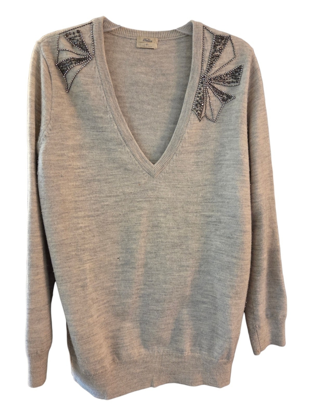 Wallace Gray Heathered Merino Wool Embellished V-Neck Sweater - Size S